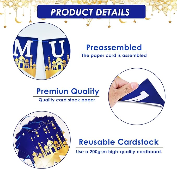 AhfuLife Eid Mubarak Banner Decorations, Pre-tied Eid Mubarak Bunting Banner Party Supplies for Home Outdoor Umrah Mubarak Party Decor Moon Star Garland