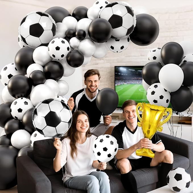 Soccer Balloon Garland Arch Kit, 98Pcs 18 12 10 5 inch Black White Soccer Balloons with 18inch Football Foil Balloons for Sports Theme Soccer Party Decorations