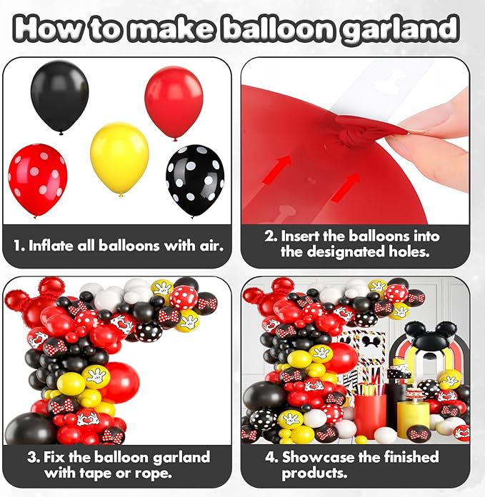 125 Pcs Black Red Yellow Balloon Garland Arch Kit, For Cartoon Birthday Decorations Themed Cute Mini Mouse Party Decorations Girls Kids Gatherings Party Supplies