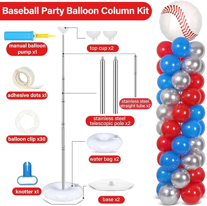 2 Sets Baseball Balloon Column Stand Kit With 102 Red Blue Silver Baseball Glove Foil Balloons Sport 5.57ft Adjustable Balloon Tower Stand With Bases Adjustable Arch Column for Game Birthday Supplies