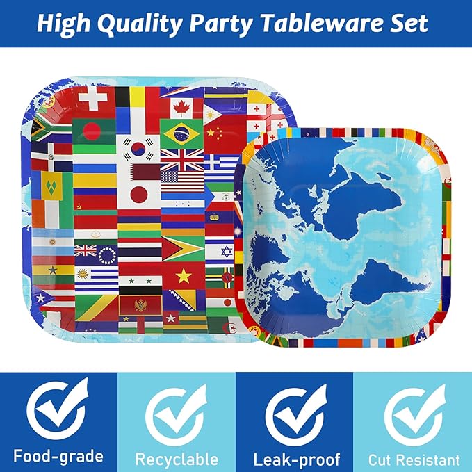 gisgfim 96 Pcs International World Flags Plates and Napkins Party Supplies Travel Trip Around the Globe Tableware Set Retirement Party Decorations Favors for Birthday Baby Shower Serves 24