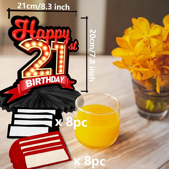 Happy 21st Birthday Red and Black Table Honeycomb Centerpieces Balloons Theme Decor Table Decorations Table Toppers for Girls Women Princess 21 Years Old Birthday Party Bday Supplies Background Gold
