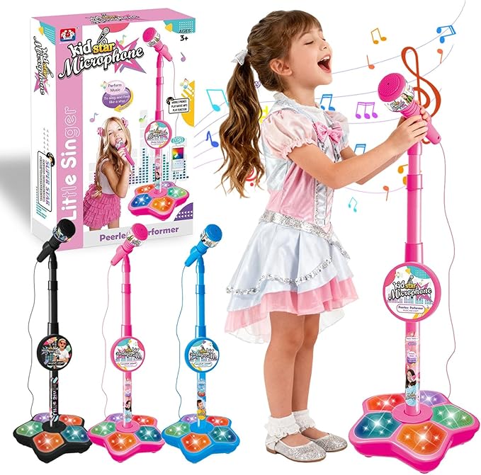The All-in-One Microphone Toy, Kids Microphone with Stand Adjustable, Speaker & Led Lights, Fun Standing Karaoke Microphone - Move to Play & Echo Effect, for Phones/MP3/Tablets, (Pink)