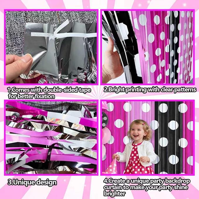 Pink Black Foil Fringe Curtains Birthday Decorations, 4 Pack 3.2x6.6ft Mouse Color Tinsel Streamers Backdrop Baby Shower Cartoon Mouse Birthday Party Decorations Supplies