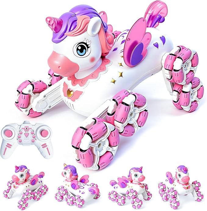 Remote Control Pink Robot Unicornios Pet - 8 Wheels Drift Race Outdoor Off-Road Car with 2.4Ghz 360°Automatic Demonstration Wings&Eyes Lights&Music, Birthday Toy Gift for 3+ Years Old Girls