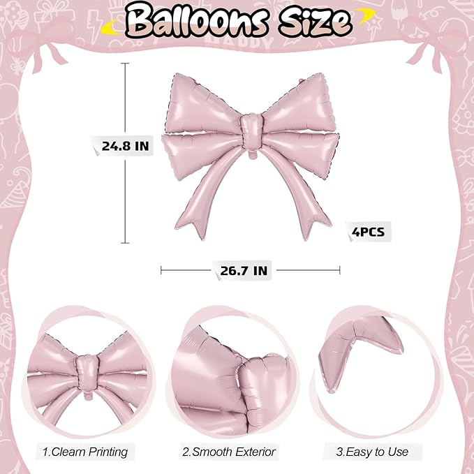 Retor Pink Bow Balloons Coquette Birthday Decorations, 4pcs Giant Dusty Baby Pink Bow Foil Mylar Balloon for Girls Women Bow Themed Party Decor Baby Shower Bridal Wedding Bachelorette Party Supplies