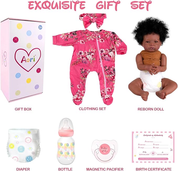 Aori Reborn Baby Dolls Black Girl - 20-inch Black American Realistic Newborn Doll with Feeding Accessories, Great Gift Set for Kids 3+, Grand-Parents, Collectors