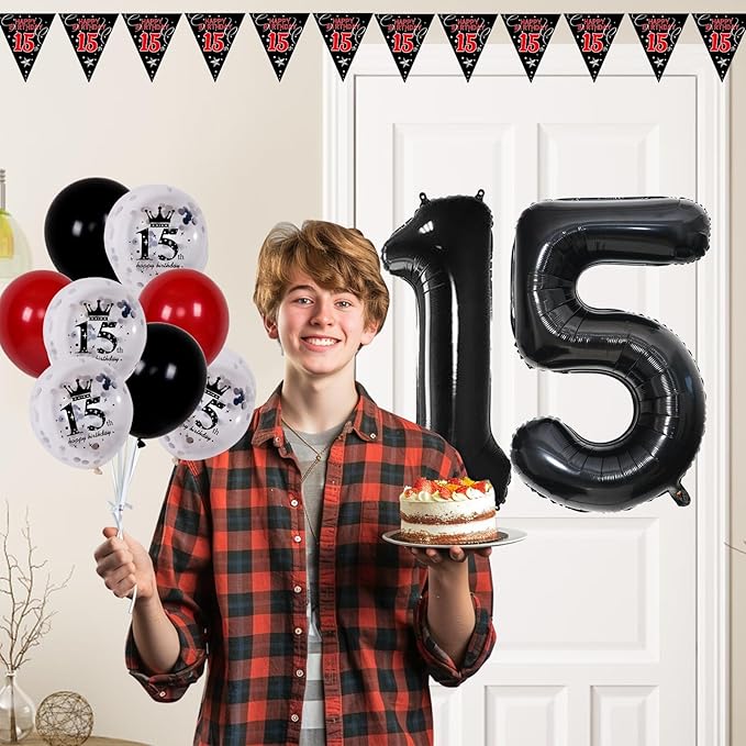Red Black 15th Birthday Decorations for Boys Girls, Happy 15th Birthday Decorations Boy, 15 Birthday Party Door Banner Decor, Triangle Flag, Large 15 Balloons Bday Decor for 15 Year Old Teenagers