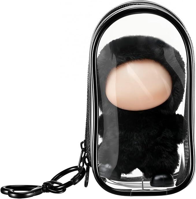 Clear Protective Case Display Accessories for 4.13 Inch 10cm 4.0 Series Plush Doll with Keychain, PVC Hanging Storage Case Cover Doll Storage Bag Figures Dolls Collectible Toys(Black)