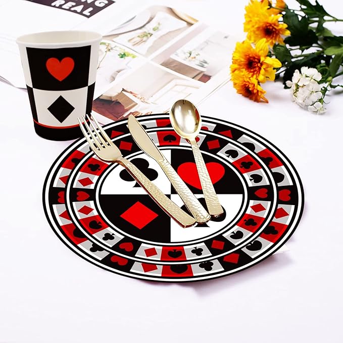 50Pcs Poker Party Supplies - 9" Playing Card Dinner Plates, 7" Casino Plates for Casino Night, Poker Game Theme, Birthday Party Decor