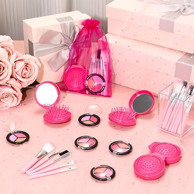 12 Sets Kids Makeup Kit for Girls, Kids Spa Party Supplies for Girls, Sleepover Makeup Cosmetic Set Birthday Party Favors Toddler Girl(Rose Red)