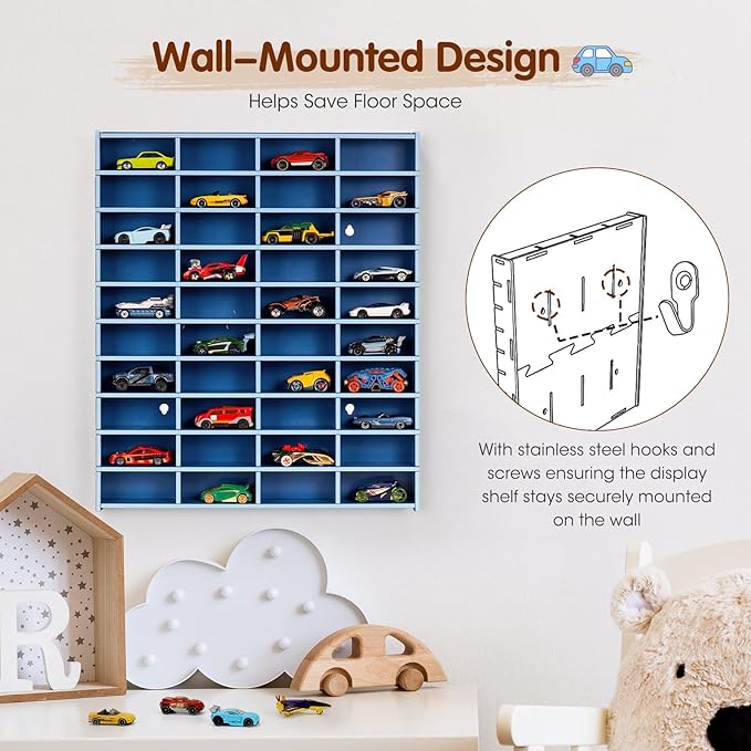 Toy Car Display Shelf, Holds 40 Diecast 1/64 Toy Cars, Wall Mount Model Car Storage Organize Case, Blue