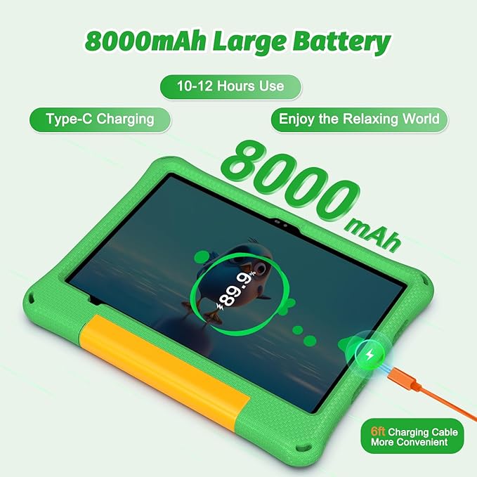 Kids Tablet 11 Inch, Android Tablet with 2 Years Protection, 12GB+128GB, 8000mAh, with EVA Case, Parental Control, Pre-installed Educational APP, WiFi 6, Dual Camera, Quad Speakers, Green
