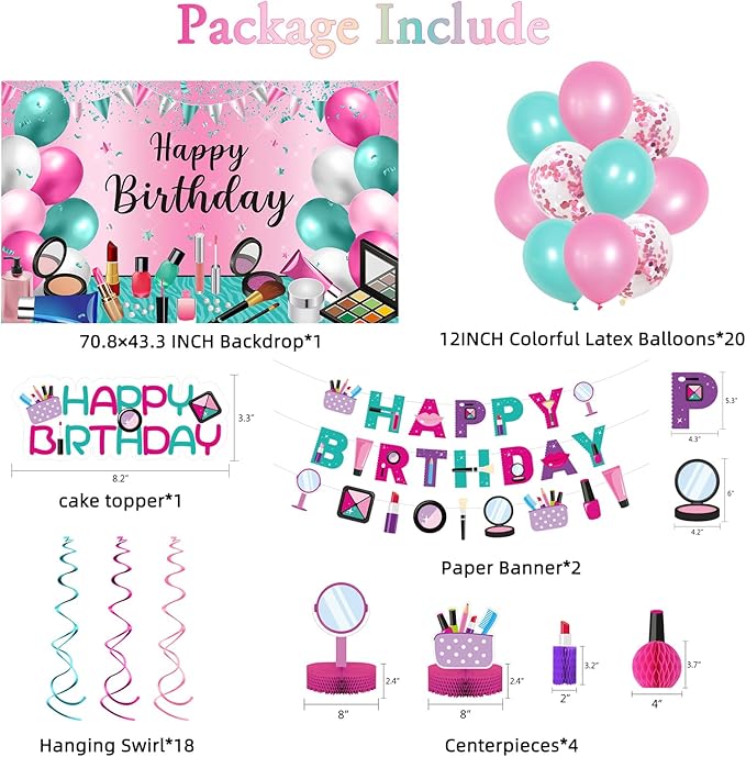 Roetyce Makeup Birthday Party Decorations - 46PCS Kit, Pink Spa Themed Birthday Supplies With Banner, Balloons, Cake Topper