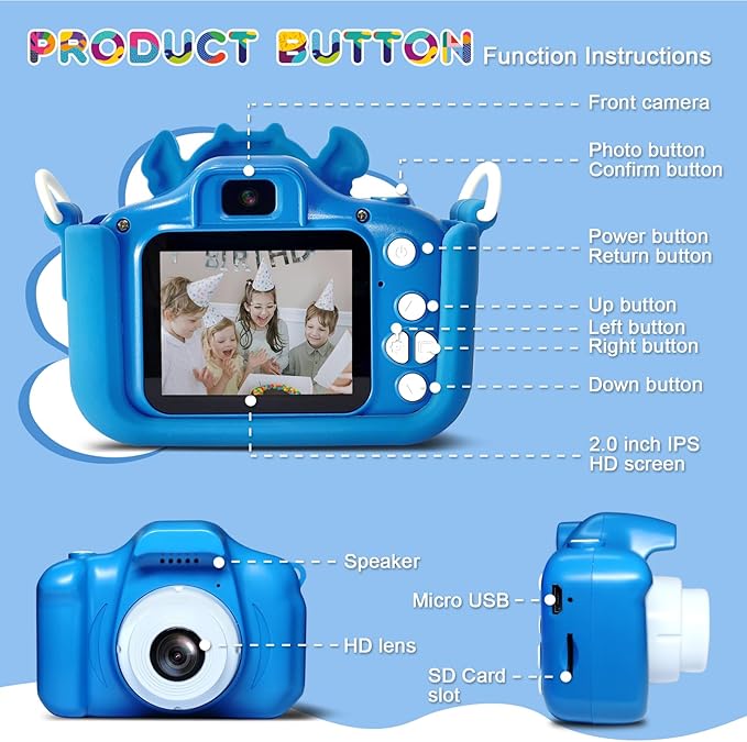 Kids Camera with 32GB SD Card - 1080P HD Digital Selfie Video Camera for Boys & Girls Ages 3 4 5 6 7+ Portable Toddler Toy with Cartoon Design, Christmas Birthday Gifts