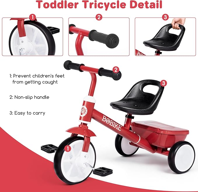 Bobike Toddler Tricycle for Ages 2-5 Years, Tricycle with 2 LED Light Wheels, Toddler Bike with 3-Position Seat and Rear Basket, Kids Bike Gift for Boys & Girl (Red)