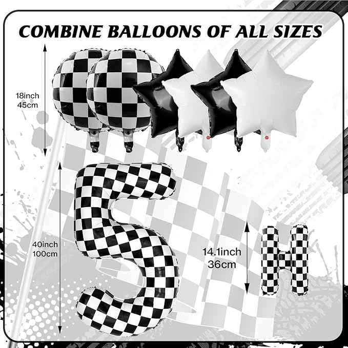 Racing Cars Themed Happy Birthday Banner Party Decorations Set Including 40 Inch Number 5 Foil Balloons, Themed Party Essentials, Checkered Backdrop Supplies for Boys Indoor Outdoor Celebration