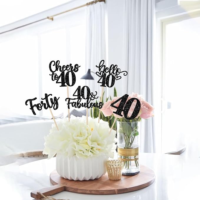 15PCS Happy 40th Birthday Centerpiece Sticks Hello 40 Cheers to 40 Birthday Table Flower Centerpieces Sticks Forty 40 Fabulous Floral Decorations for 40th Birthday Party Centerpieces Supplies Black