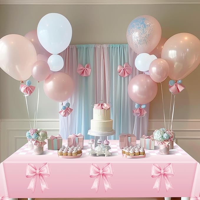 Zhehao 2 Pcs Pink Ribbon Tablecloth 54 x 108'' Coquette Table Cover Pink Bow Birthday Decorations Plastic Disposable Table Cloth for Girls Women Party Supplies