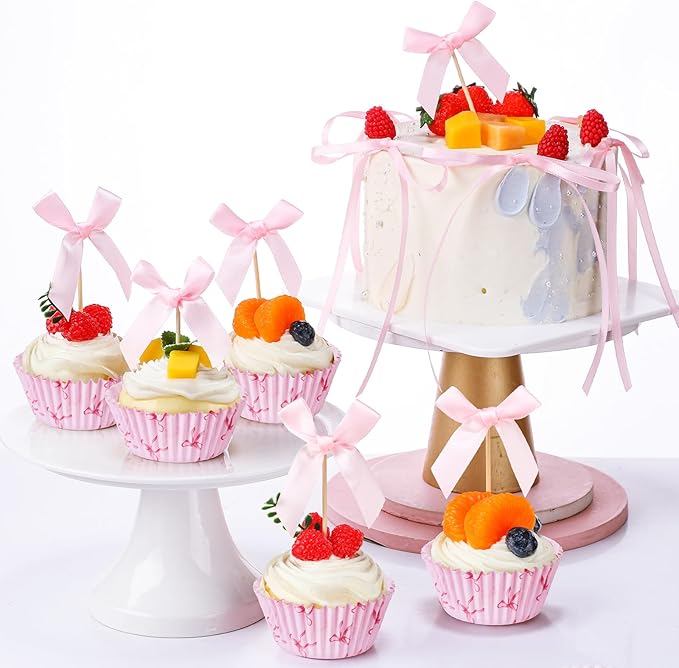 81 Pcs Pink Bow Cupcake Liners Set 50 Pink Bow Cupcake Liners and 31 Bowknot Ribbons Cake Toppers Coquette Birthday Cake Decorations for Bachelorette Bridal Baby Shower Birthday Wedding Party Supplies