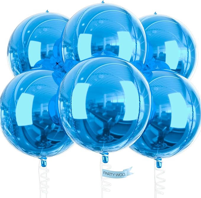 PartyWoo Light Blue Foil Balloons 6pcs 22 Inch Large Round Foil Big Giant 4D Jumbo Inflatable Mirror Ball Mylar Balloons for Graduation Men Birthday Baby Shower Gender Reveal Party Decorations