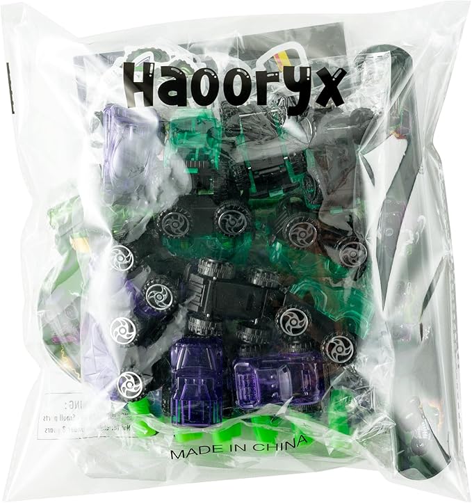 Haooryx Green Purple Monster Truck Party Favor - 122Pcs Monster Truck Slap Bracelets Sticker Blowouts Noisemaker Mini Vehicles Car Toy Keychain waith Gift Bag for Kids Birthday Party Goodie Bag Supply