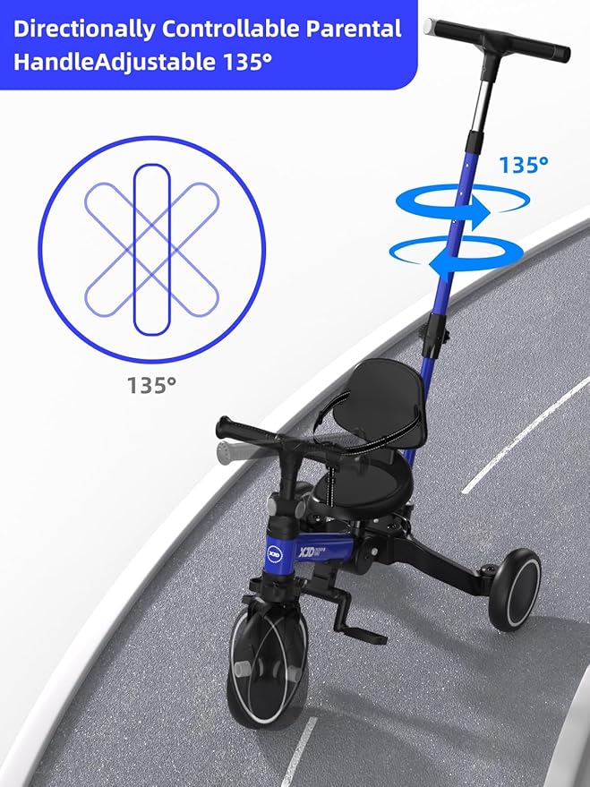 XJD Toddler Bike, 6 in 1 Folding Toddler Tricycle for 1-4 Year Old with Parental Control Handle, Balance Bike with Removable Pedal, Backrest, Adjustable Seat Height, First Birthday Gifts (Blue)
