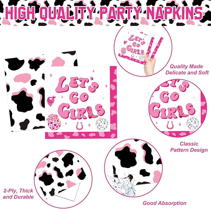131 PCS Cowgirl Birthday Party Decorations Disco Cowgirl Party Decorations - Includes Plates, Napkins, Cups, Banner, Hanging Swirl, Tablecloth, Balloon for Western Cowgirl Party Decorations, Serve 24