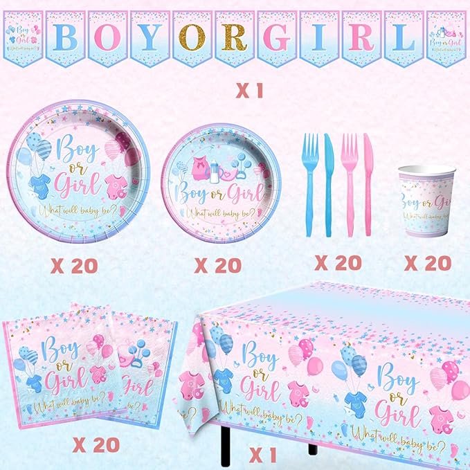 Gender Reveal Tableware 142Pcs-Gender Reveal Decorations Blue and Pink Star Baby Gender Reveal Boy or Girl Party Banner,Tablecloth,Plates,Napkins Cups Forks and Knives Supplies of Reveal Party