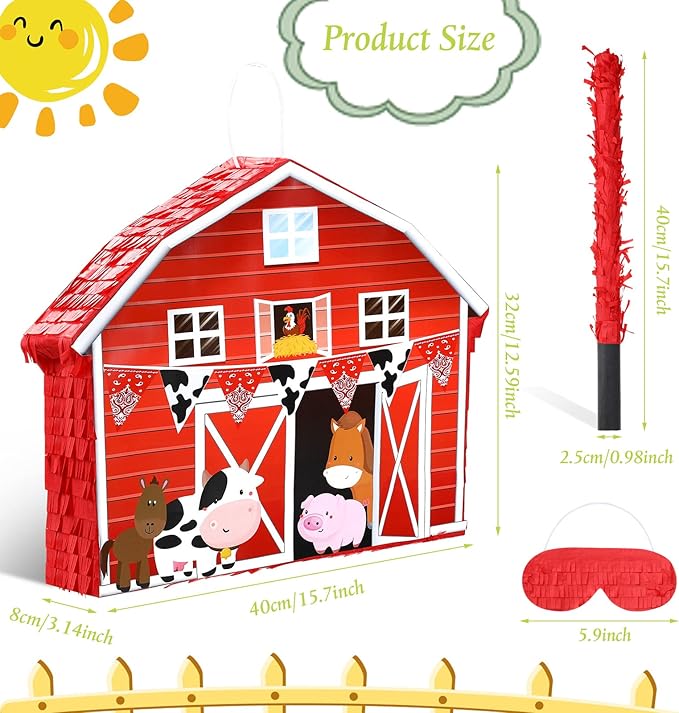 Nezyo Farm Piñata Farm Baby Shower Decorations Animal Party Supplies Includes Barnyard Piñata Bat Stick Blindfold Mask for Farmhouse Country Birthday Cinco De Mayo Party Mexican Game Supplies