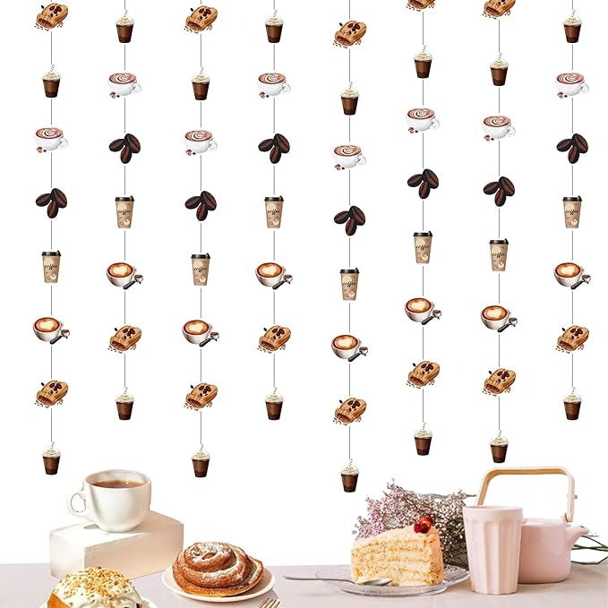 8Pcs Coffee Theme Streamers, Coffee Bean Cup Paper Garland for Birthday Baby Bridal Shower Bachelorette Latte Party, Cafe Shop Bar Hanging Decorations Supplies