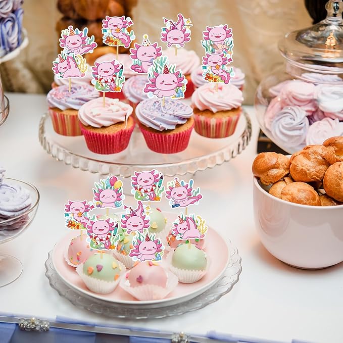 Axolotl Birthday Cupcake Toppers, 36PCS Cute Axolotl Birthday Decorations Supplies, Pink Salamander Baby Shower Cupcake Toppers Decor for Kids Girls