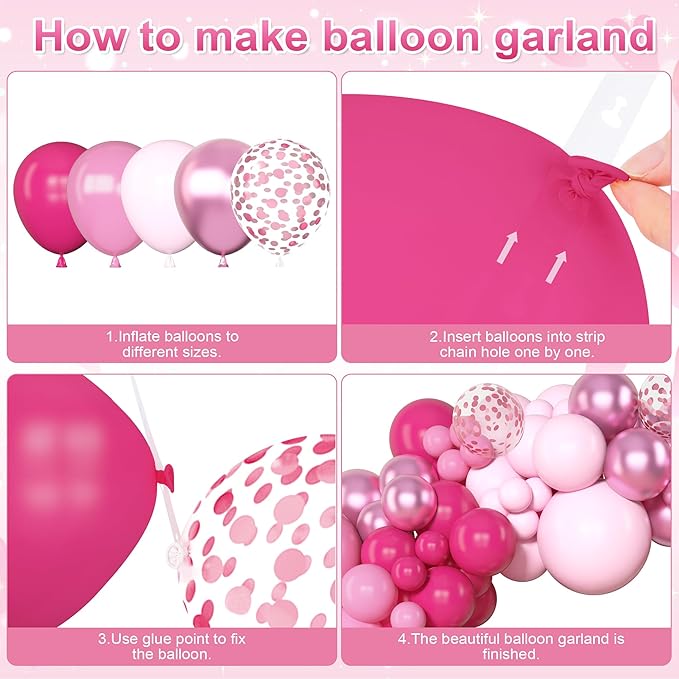 Amandir 153 Pcs Pink Balloon Arch Garland Kit, Different Sizes 18 12 10 5 inch Latex Metallic Confetti Hot Pink Balloons for Valentines Day Baby Shower Birthday Princess Wedding Party Decorations