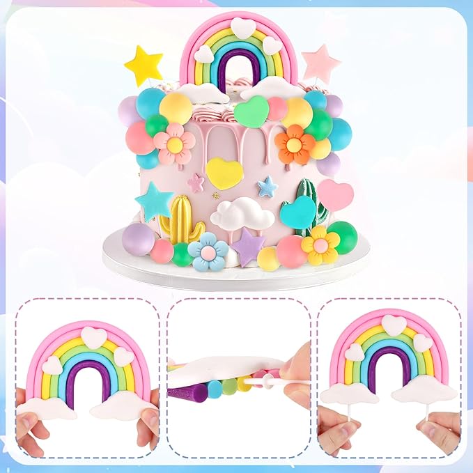 Hooqict 33 PCS Rainbow Cake Topper with Daisy Flower Pastel Balls Boho Rainbow Cake Decorations for Wedding Girls Boys Groovy Hippie Birthday Party Decorations Supplies
