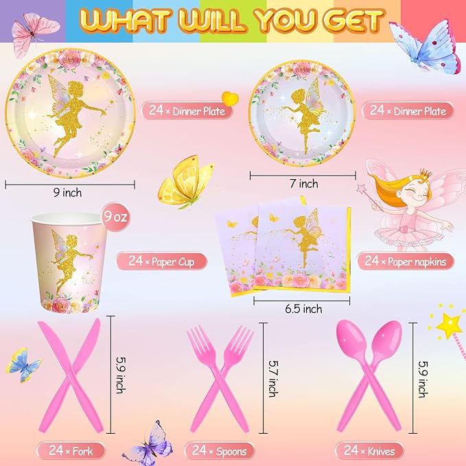 Meanplan 168 Pcs Fairy Party Supplies Fairy Plates and Napkins Fairies Tableware Set Plate Napkins Cups Knives Fork Spoon for Birthday Baby Shower Fairies Enchanted Party Decorations Serves 24 Guests