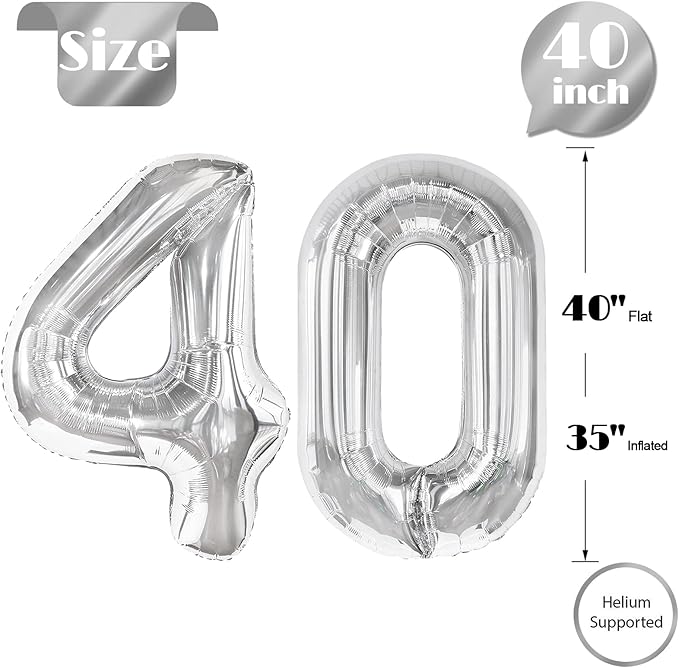 Silver Number 40 Balloon 40 Inch, 40th Birthday Party Decorations for Children, Giant 40 Foil Balloon for Party Supplies
