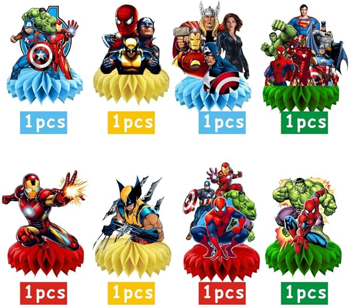 8Pcs Superhero Honeycomb Table Centerpiece, Superhero Birthday Party Supplies Table Decorations for Kids Party Decorations