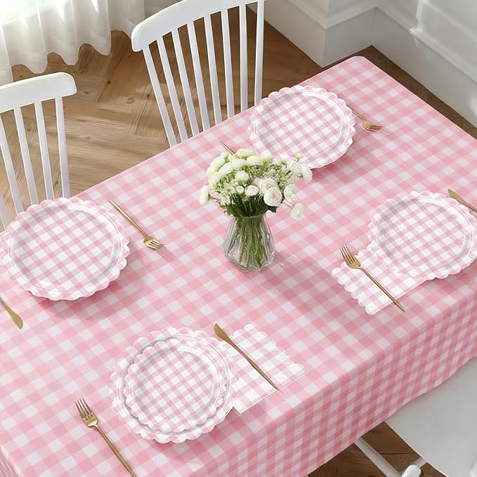 102 PCS Pink Gingham Party Supplies - Scalloped Plates, Napkins, Cups, Forks, Banner, Gingham Tablecloth for Baby Shower, Birthday, Pink Party Decorations, Serves 25