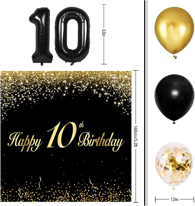Happy 10th Birthday Balloons Black Set Decor - Cheers to 10 Years Old Party Theme Garland Banner Backdrop Decorations For Boy and Girl Supplies