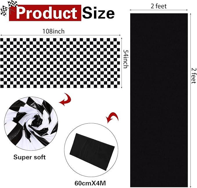 Tallew 6 Pcs Checkered Car Party Supplies Disposable Tablecloth Plastic Table Cover Black and White Checkered Race Table Runner for Racing Birthday Party Decor Favor Supplies (Black)