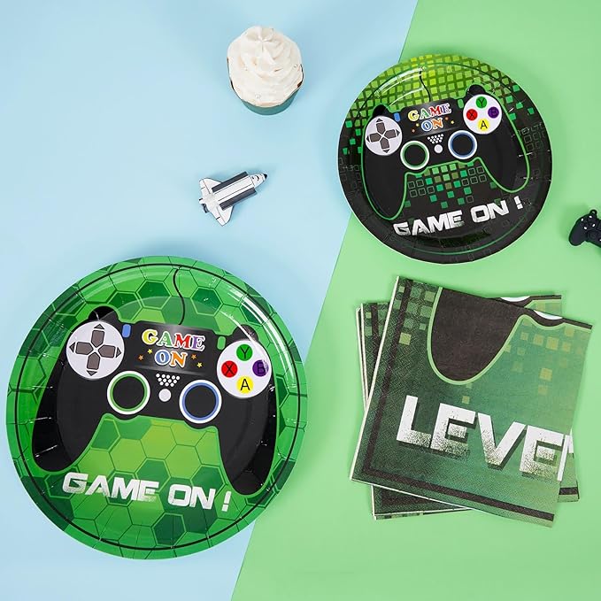 WERNNSAI Video Game Birthday Decorations - 48 PCS Game On Plates and Napkins Gamer Birthday Decorations Gaming Party Favor Serves 16 Guests