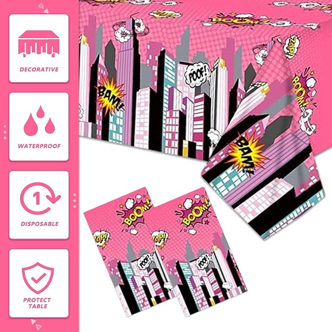 Superhero Plastic Tablecloth Pink 2 Pack 51 x 87 Inches Superhero Party Decorations Rectangle Disposable Hero Table Cover Super Hero Theme Birthday Party Supplies