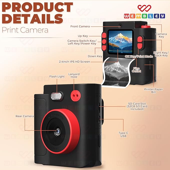 Wembley Kids Camera Instant Print | Birthday Gift Toys for Boys & Girls 3–10 Years | Unicorn Digital Dual Lens Toddler Camera Thermal Printer | 48MP 1080P Selfie & Video | 16X Zoom 32GB SD Card -Black