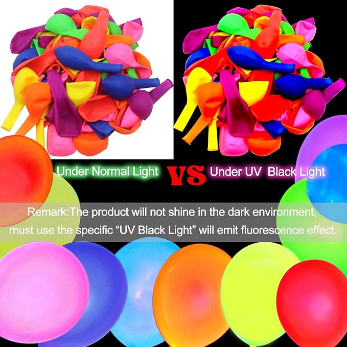 110 Pack Colored UV Neon Glow Balloons Neon Glow Party Decorations Glow in the Dark Party Supplies Black Light Fluorescent Latex Balloon for Birthday Decoration