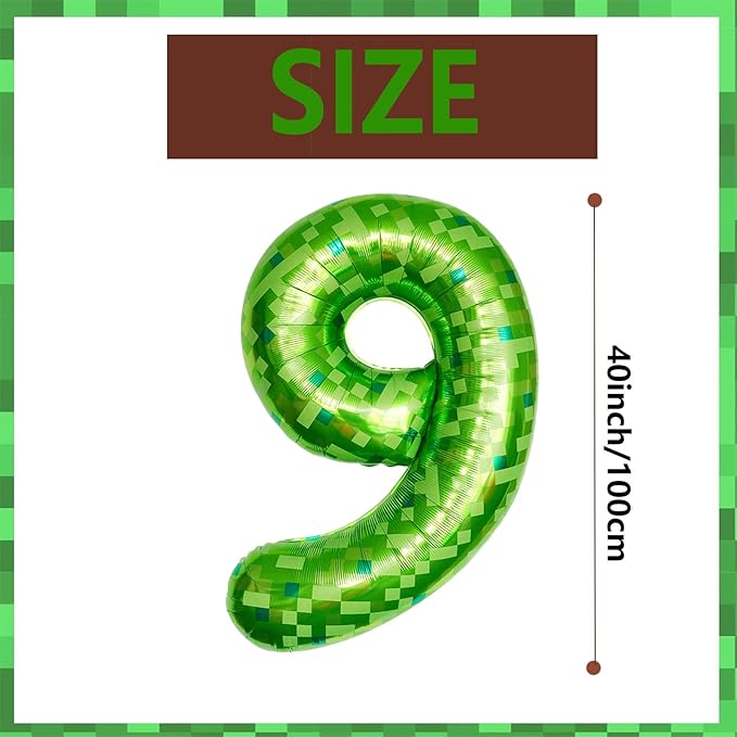 40 Inch Green Pixel Miner Number 9 Foil Balloons Large Mylar Mining Theme 9th Number Balloon for Boys Girls Video Game Birthday Decorations Pixel Game Party Supplies