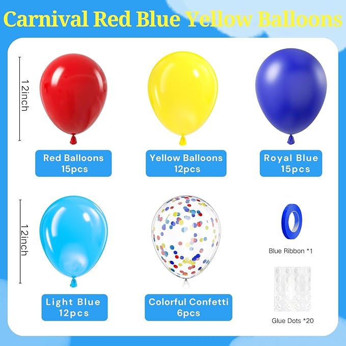 Carnival Balloons, 60pcs 12 Inch Red Light Blue Royal Blue Yellow Latex Balloons for Carnival Theme Birthday Party Decorations