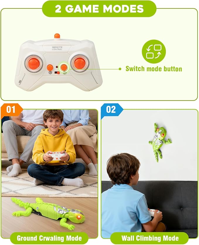 Wall Climbing Gecko Toy for Kids, Dual Mode Floor & Wall Driving, Rechargeable Remote Control Robot, Climbs up Toys & Games, Halloween Christmas Birthday Gifts for Boys Girls Ages 4 & Up（Green）