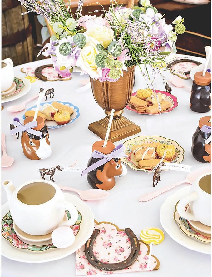 Fun Express Set of 8 Pieces Horse Shaped Cups with Lids & Straws, 4" Cups with 7.5" Straws, Holds 14 oz, BPA Free Plastic, Party Supplies and Favors for Kids, Multi-Color (Pack of 3)