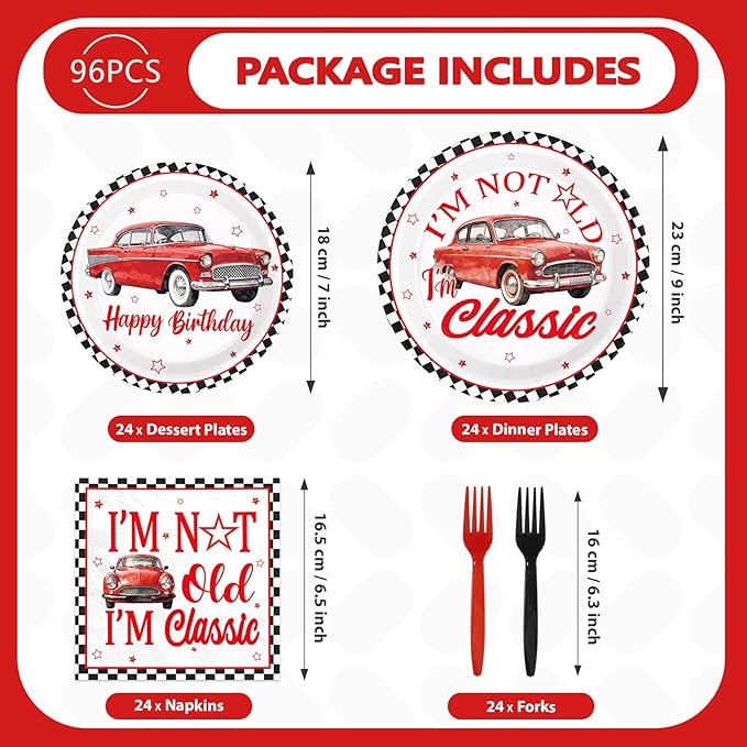 96Pcs Classic Car Birthday Party Decorations I am Not Old I am Classic Birthday Plates and Napkins Sets Vintage Red Car and Star Decorations for Adult Men Vintage Cars Bday Party Supplies Serves 24