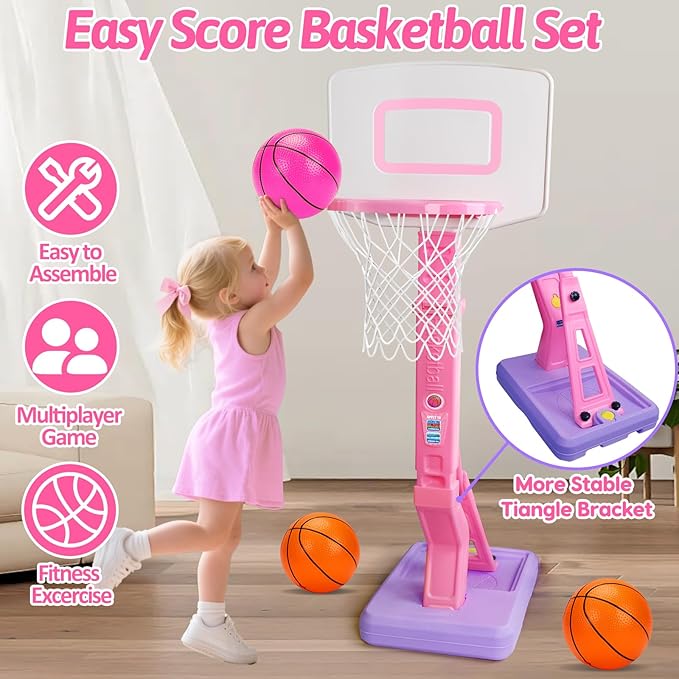 Toddler Pink Basketball Hoop for Age 1-3, Adjustable Kids Basketball Hoop with 3 Balls Indoor Outdoor Play Mini Poolside Basketball Goal Sport Toys Birthday Easter Gift for 1 2 3 4 Year Old Baby Girl